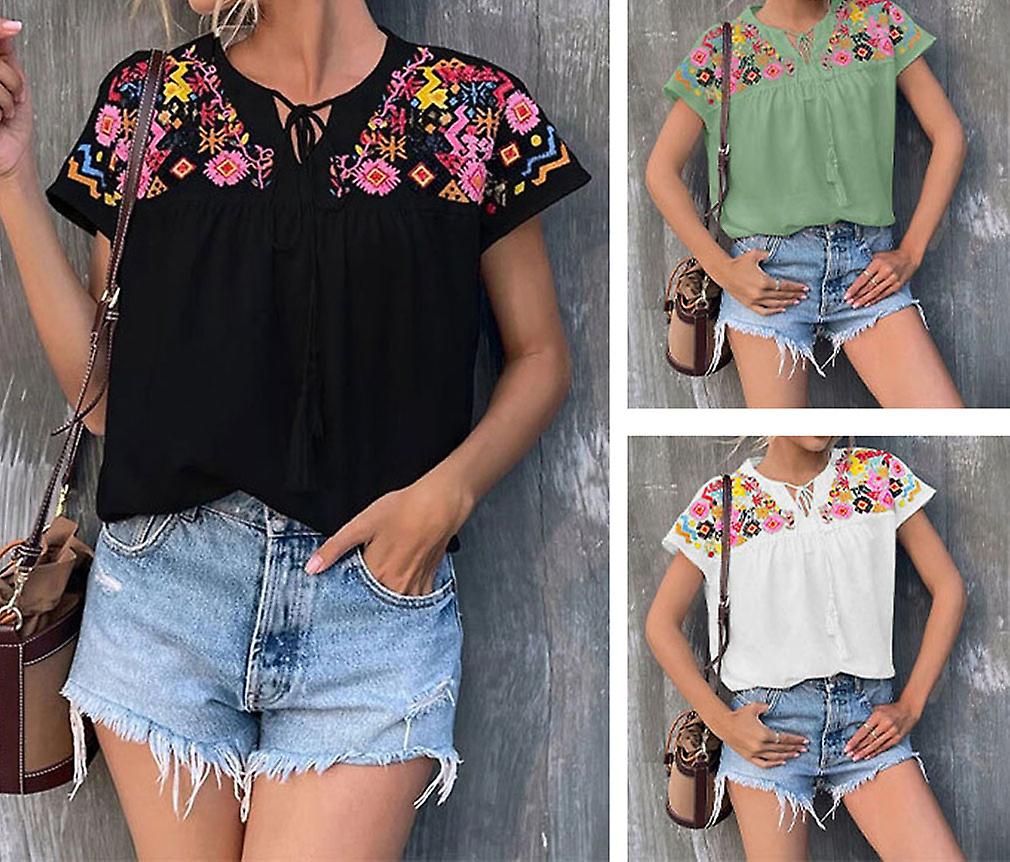 Women's Summer Casual Boho Tops Floral Short Sleeve Blouses