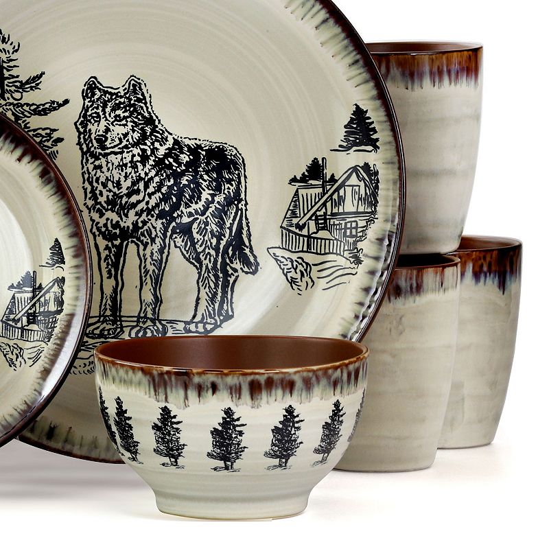 Elama Majestic Wolf 16 Piece Luxurious Stoneware Dinnerware with Complete Setting for 4