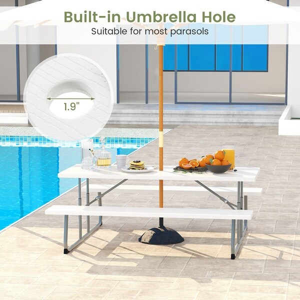 Folding Picnic Table Set with Metal Frame and AllWeather HDPE Tabletop，Umbrella Hole