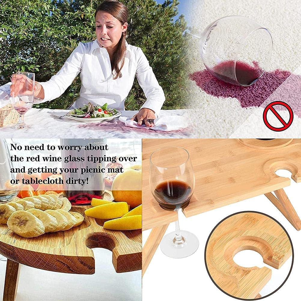 Foldable Outdoor Picnic Table Portable Bamboo Wine Picnic Table Snack Table， Date Idea Table， Wine Picnic Table with Bottle and Glass Holder， Lightweight Portable Picnic Table， Bed Breakfast Table