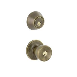 ESSENTIALS by Schlage Brill Antique Brass Single Cylinder Deadbolt and Keyed Entry Door Knob Combo Pack VC60 V BRL 609