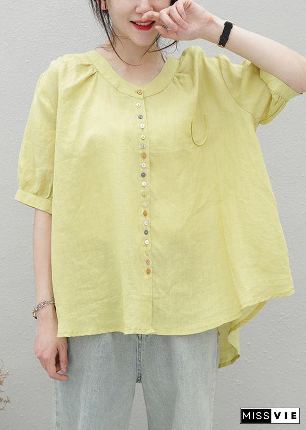 Style orange linen top o neck short sleeve Midi shirts