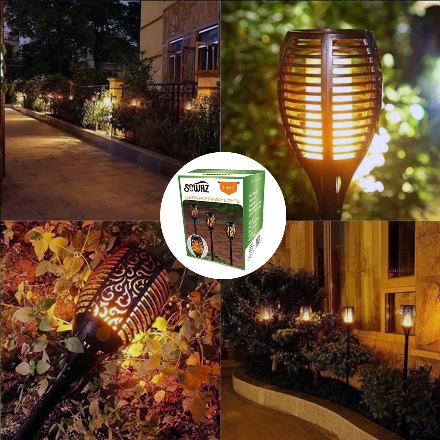 Sowaz Solar Lights Waterproof Flickering Flames 12 LED Outdoor Solar Landscape Decoration Pathway Garden Patio Driveway 6 units