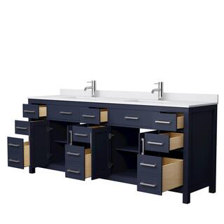 Wyndham Collection Beckett 84 in. W x 22 in. D x 35 in. H Double Sink Bathroom Vanity in Dark Blue with White Cultured Marble Top WCG242484DBNWCUNSMXX