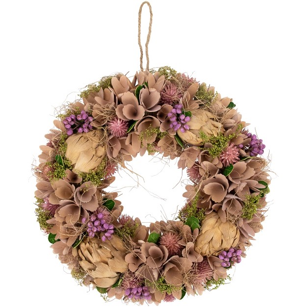 Purple And Beige Wooden Floral Spring Wreath With Preserved Artichoke