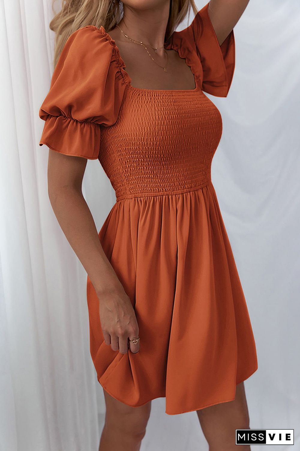 Solid Color Ruffle Short Sleeves Mini Dress Wholesale