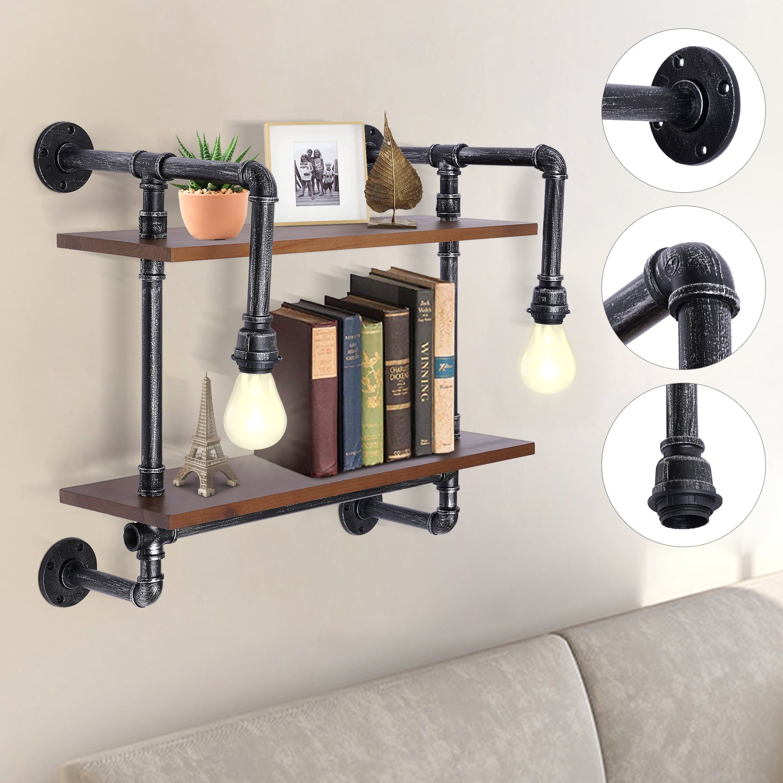 Industrial Rustic Pipe Living Room Wood Shelves with Light Wall Mounted Rustic Steampunk Floating Shelves