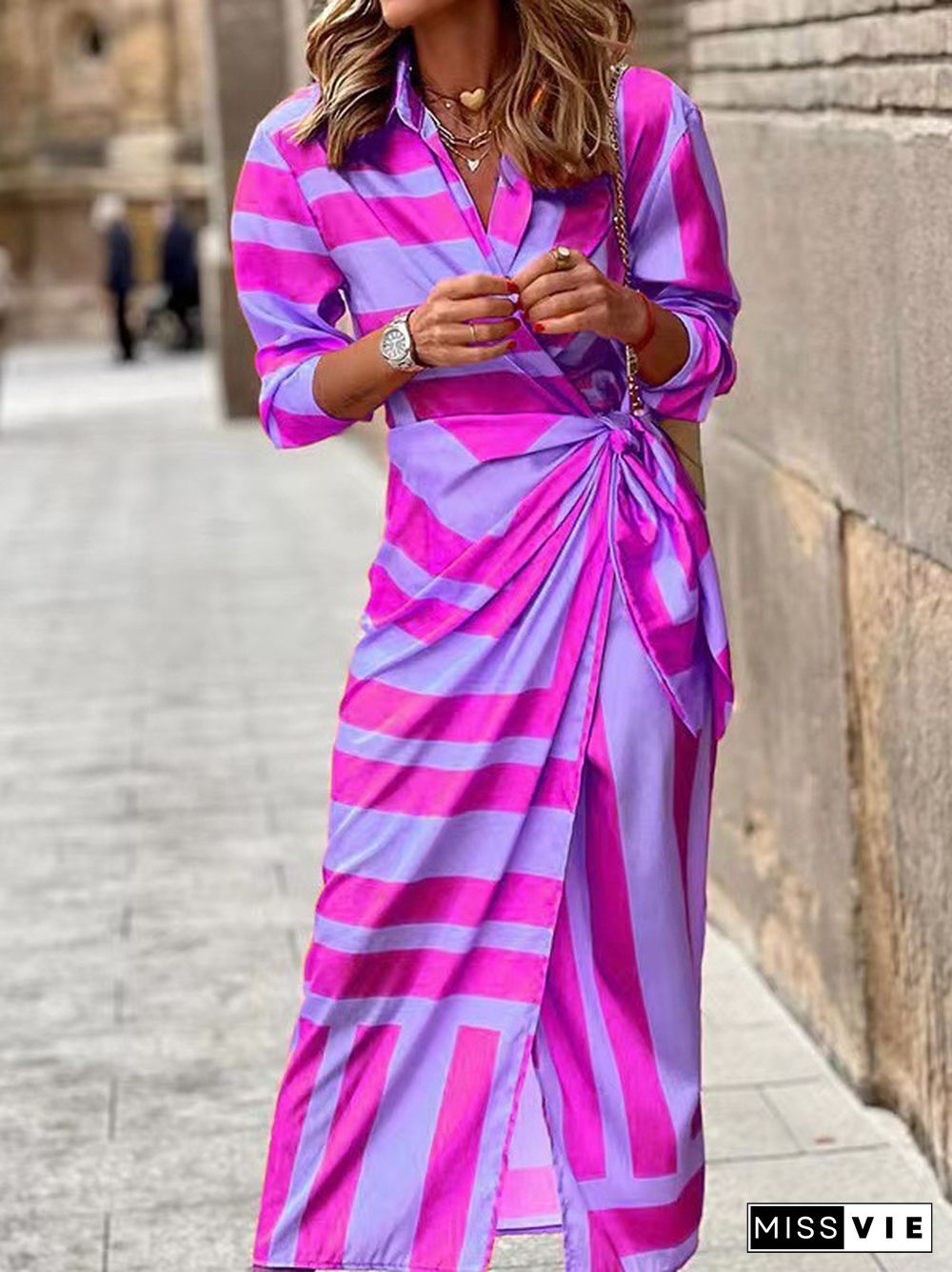 High Waisted Long Sleeves Asymmetric Knot Printed Striped Lapel Maxi Dresses