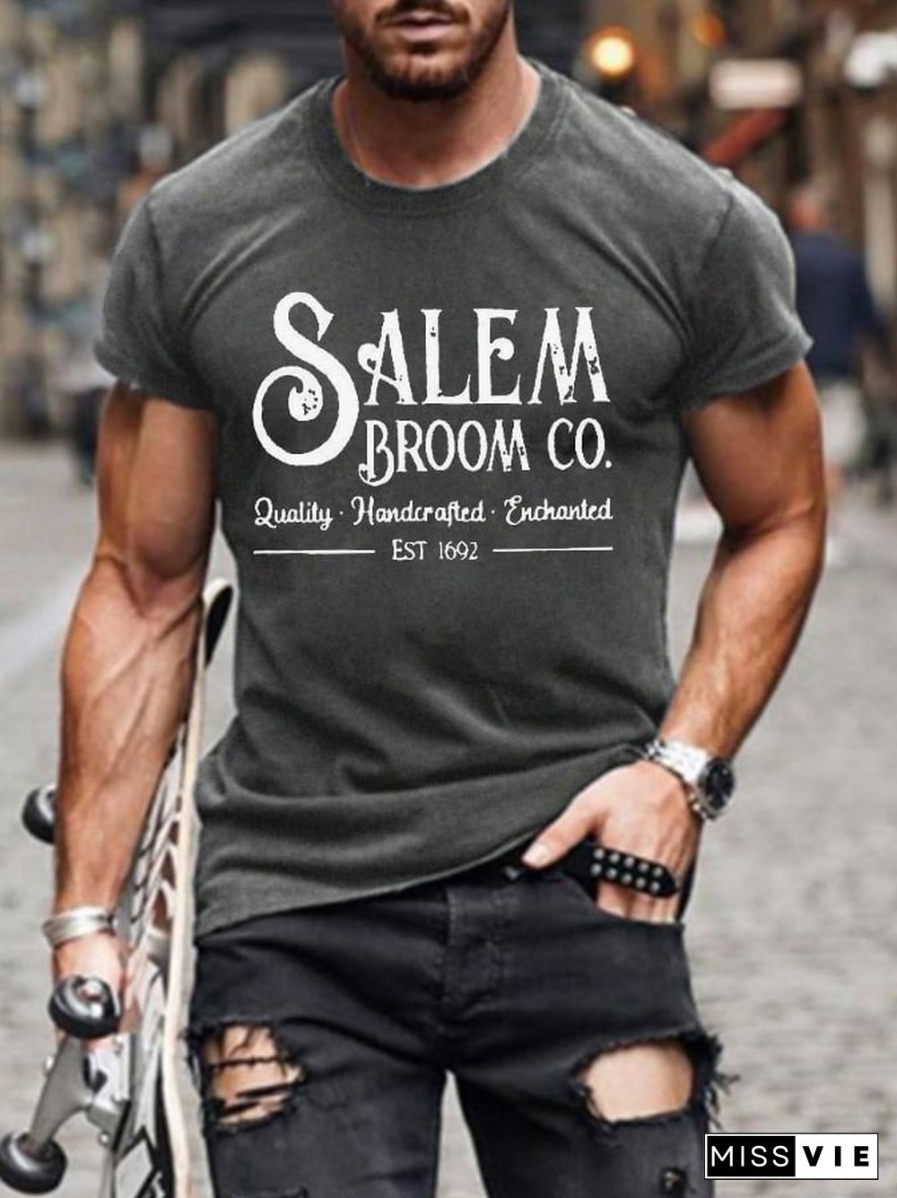 Men's Salem Broom Co Quality Handcrafted Enchanted Est 1692 Print T-Shirt