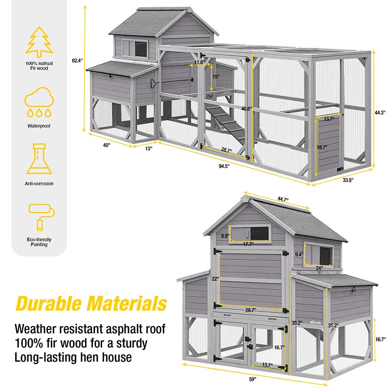 Morgete 137'' Chicken Coop for 8 - 10 Chickens， Large Hen House with 2 Nest Box， Wood Poultry Cage with 6 Perches