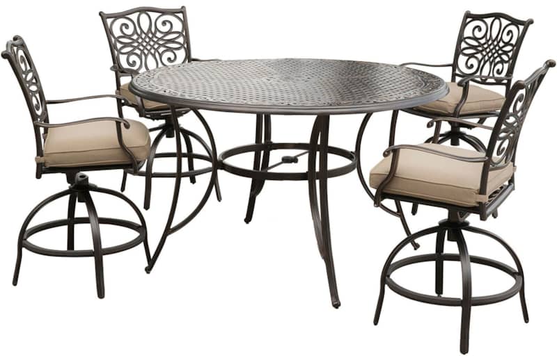 Hanover Traditions 5-Piece Outdoor Dining Set In Tan/Cast With 4 Counter Height Swivel Rockers， 56 Round Cast-Top Table