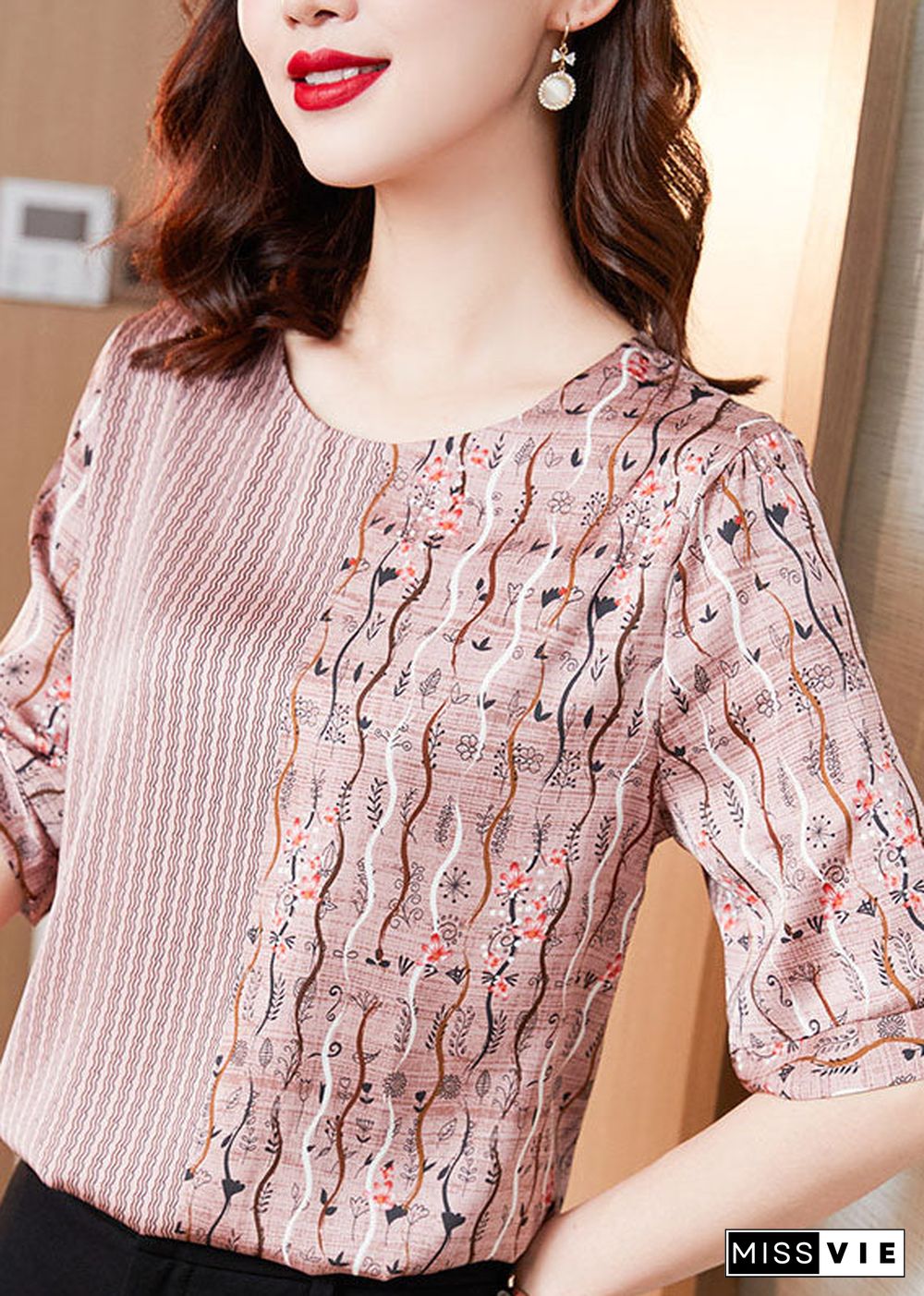 Natural Pink O Neck Patchwork Print Silk T Shirt Tops Summer