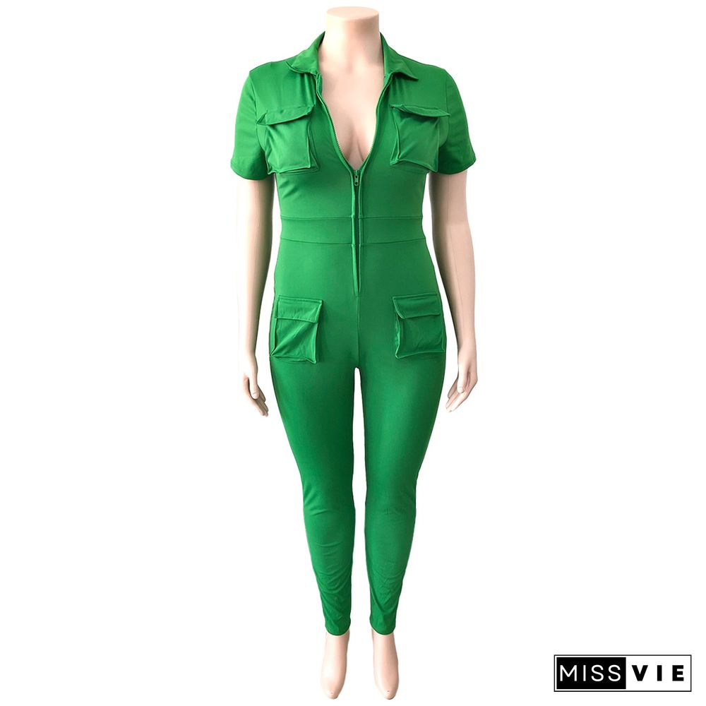 Short Sleeve Zipper Lapel Cargo Jumpsuit With Pocket