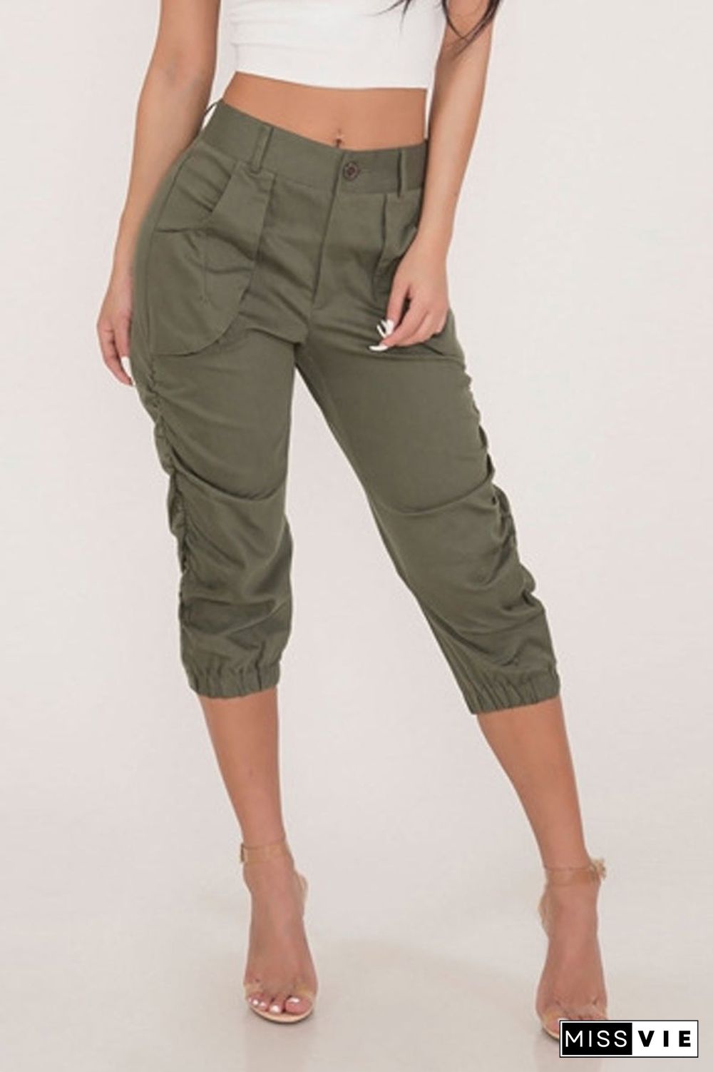 Solid Color Pocket High Waist Pants