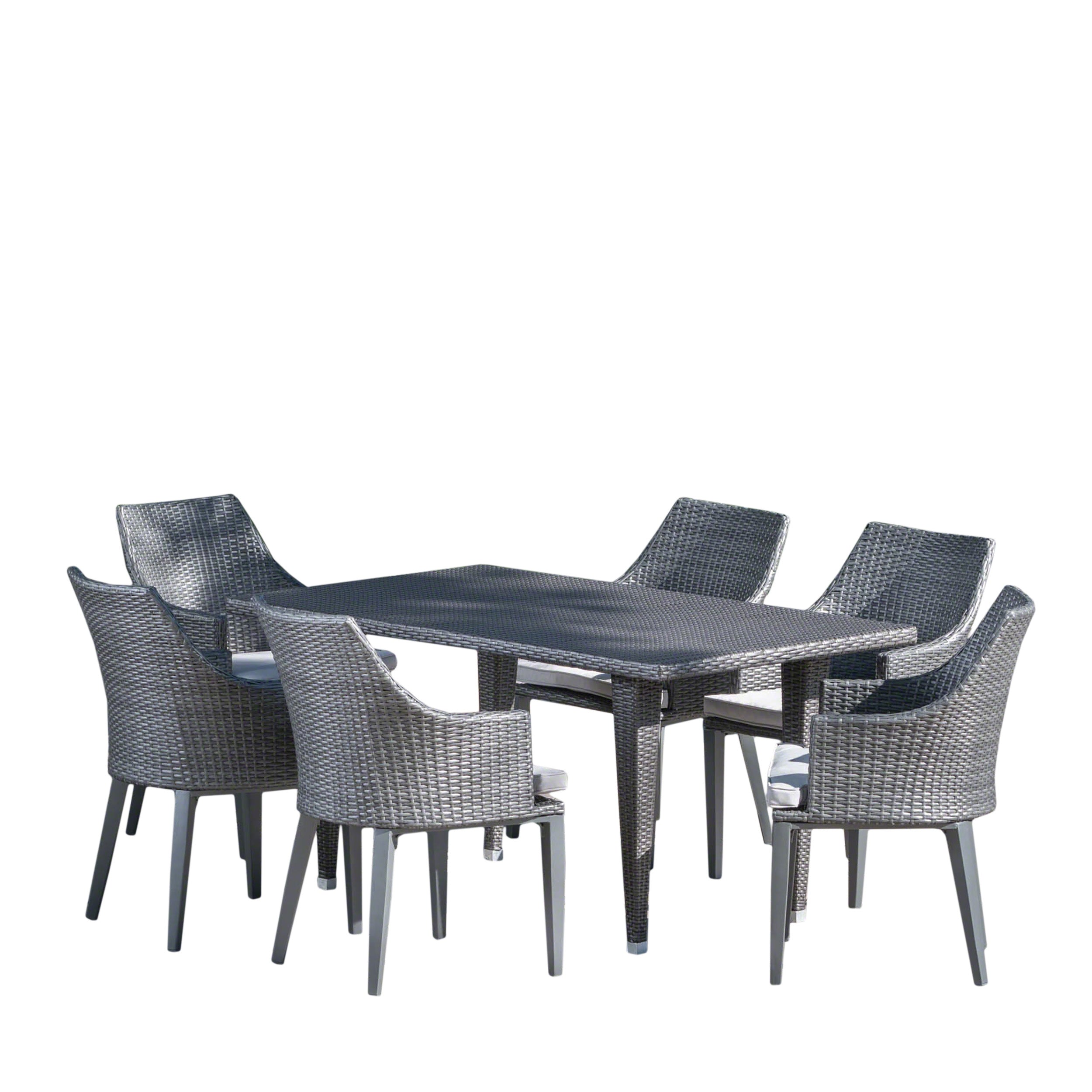 Lenny Outdoor 7 Piece Gray Wicker Dining Set with Water Resistant Cushions