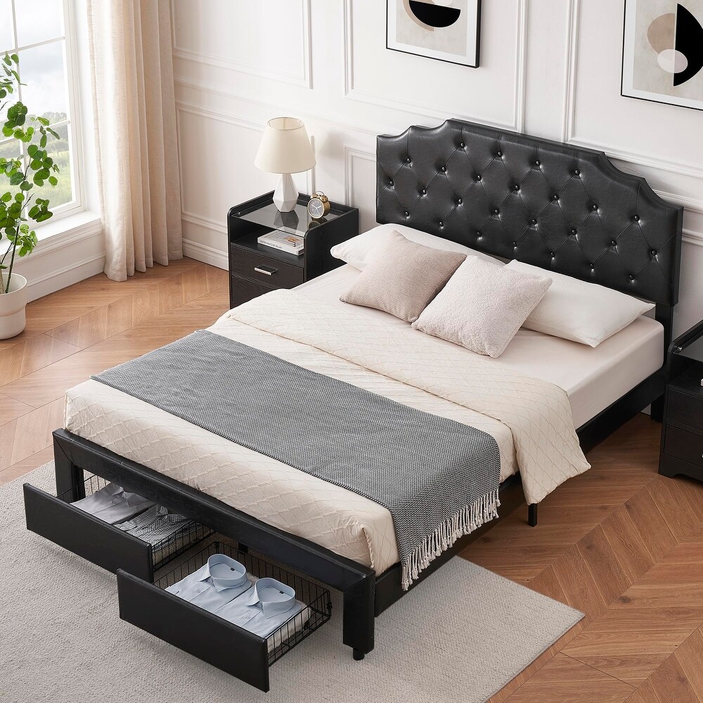 Black Leather Upholstered Bed Frame with 2 Drawers Wooden Slats Support