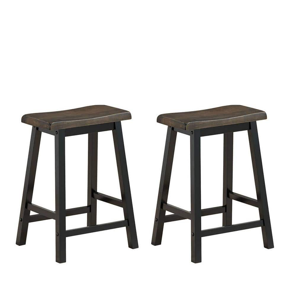 Gymax 24 in. H Gray Backless Wood Saddle Seat Pub Chair Home Kitchen Dining Room Bar Stools (Set of 2) GYM02711