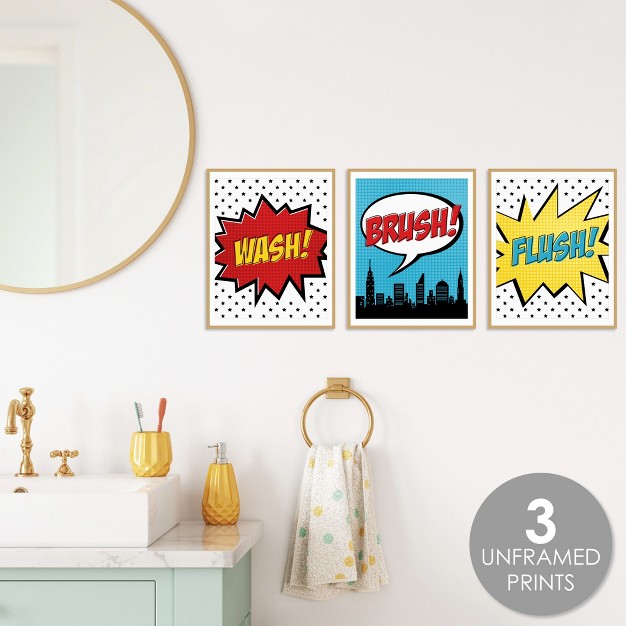 Big Dot Of Happiness Bam Superhero Unframed Wash Brush Flush Bathroom Wall Art 8 X 10 Inches Set Of 3 Prints