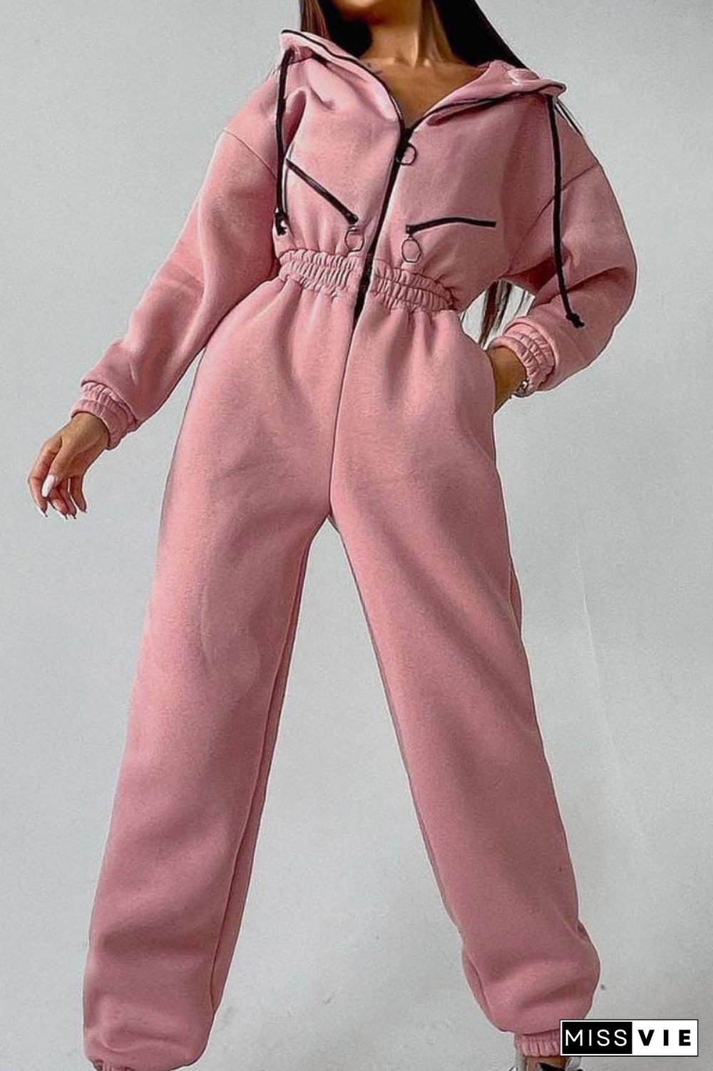 Street Solid Patchwork Hooded Collar Jumpsuits