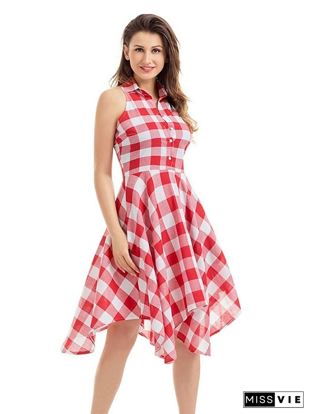 Women Black White Plaid Checks Dress Sleeveless Irregular Pleated Shirt Dress S