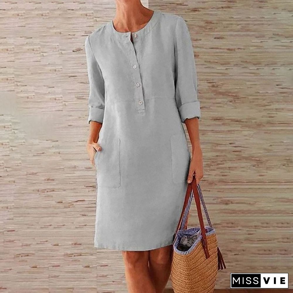 Pure Color Casual Cotton And Linen Round Neck Dress