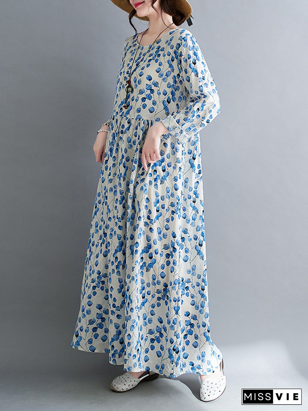 Long Sleeves Loose Flower Print Split-Joint Round-Neck Midi Dresses