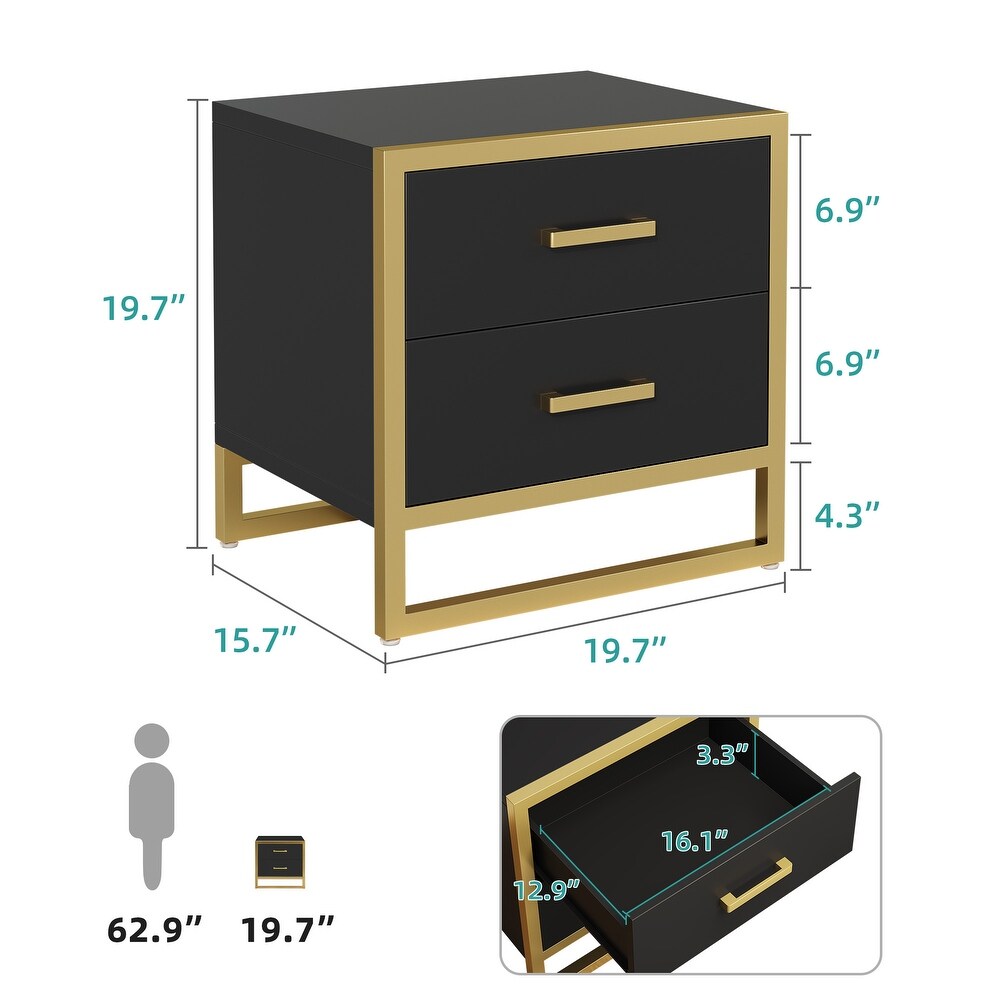 Hussain Wood 2 Drawer End Table Beside Bed Nightstand with Metal Frame