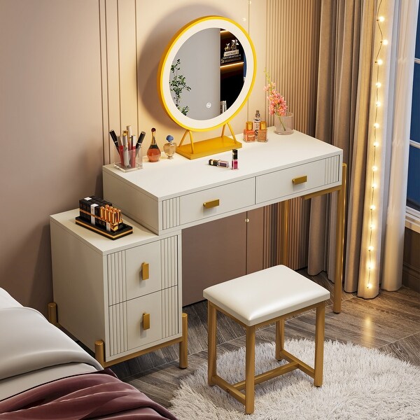 White Gold Vanity Desk with Lights and Mirror， Makup Vanity with Chair and Storage Cabinet - - 37839004