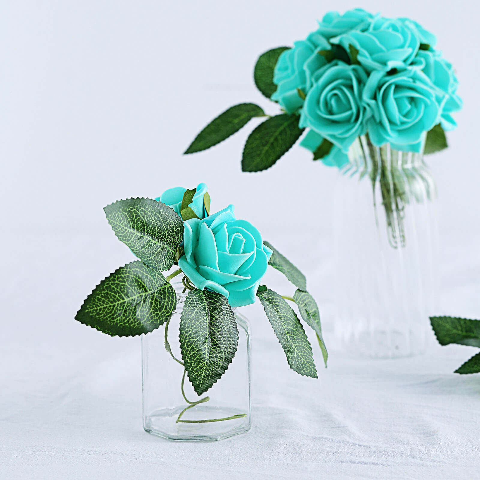 24 Roses Turquoise Artificial Foam Flowers With Stem Wire and Leaves 2