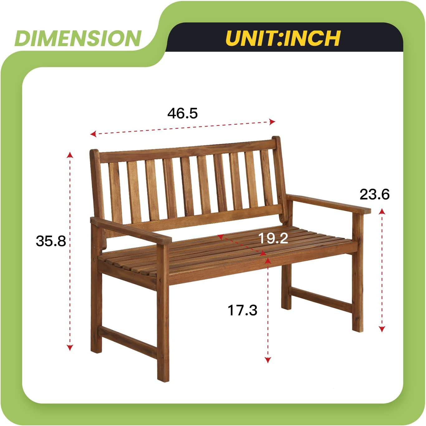 Outdoor Patio Bench, Acacia Wood Garden Bench with a Natural Oiled 2 Seats Patio Furniture Bench with Backrest Park Bench for Backyard Patio Balcony Porch Deck Garden Lawn