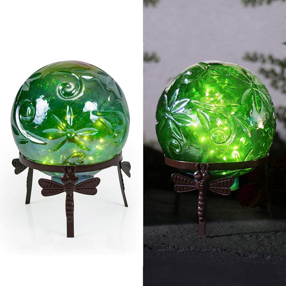 Alpine Corporation 13 in. Tall Indoor/Outdoor Pearlized Green Glass LED Gazing Globe with Stand HGY112A-GN