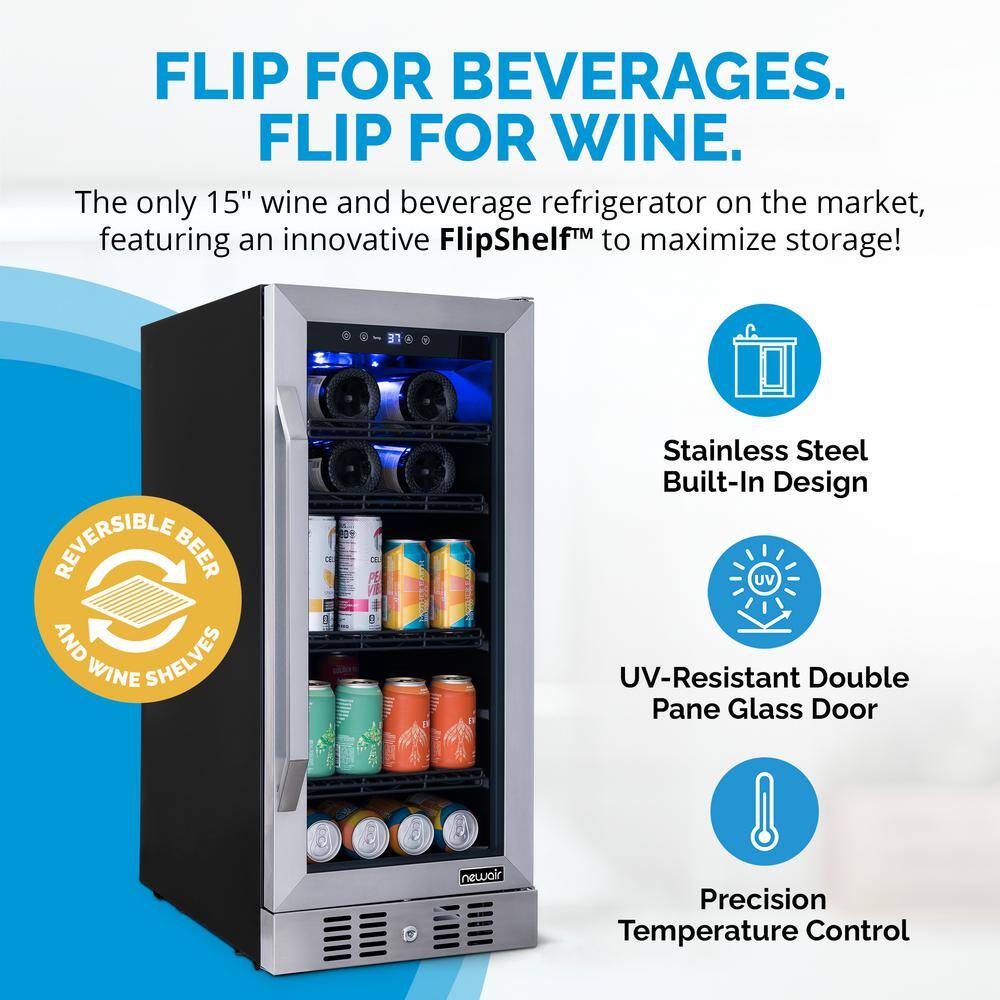 NewAir 15 in. FlipShelf 33 Wine Bottles  80 Cans Built-in Beverage and Wine Cooler in Stainless Steel with Reversible Shelves NWB060SS00