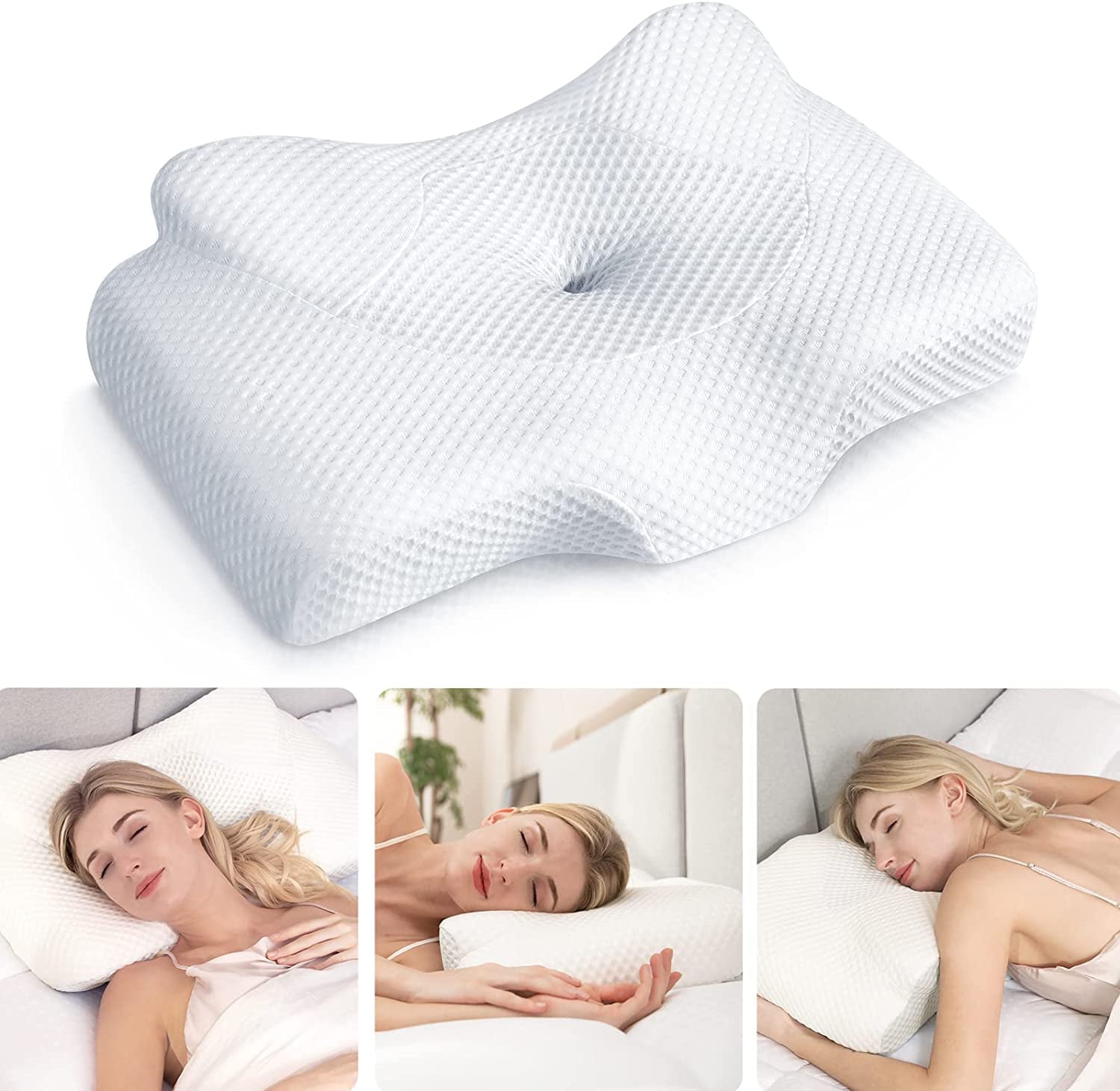 Cervical Pillow for Neck Pain Relief, Hollow Design Odorless Memory Foam Pillows with Cooling Case, Adjustable Orthopedic Bed Pillow for Sleeping, Contour Support for Side Back Stomach Sleepers