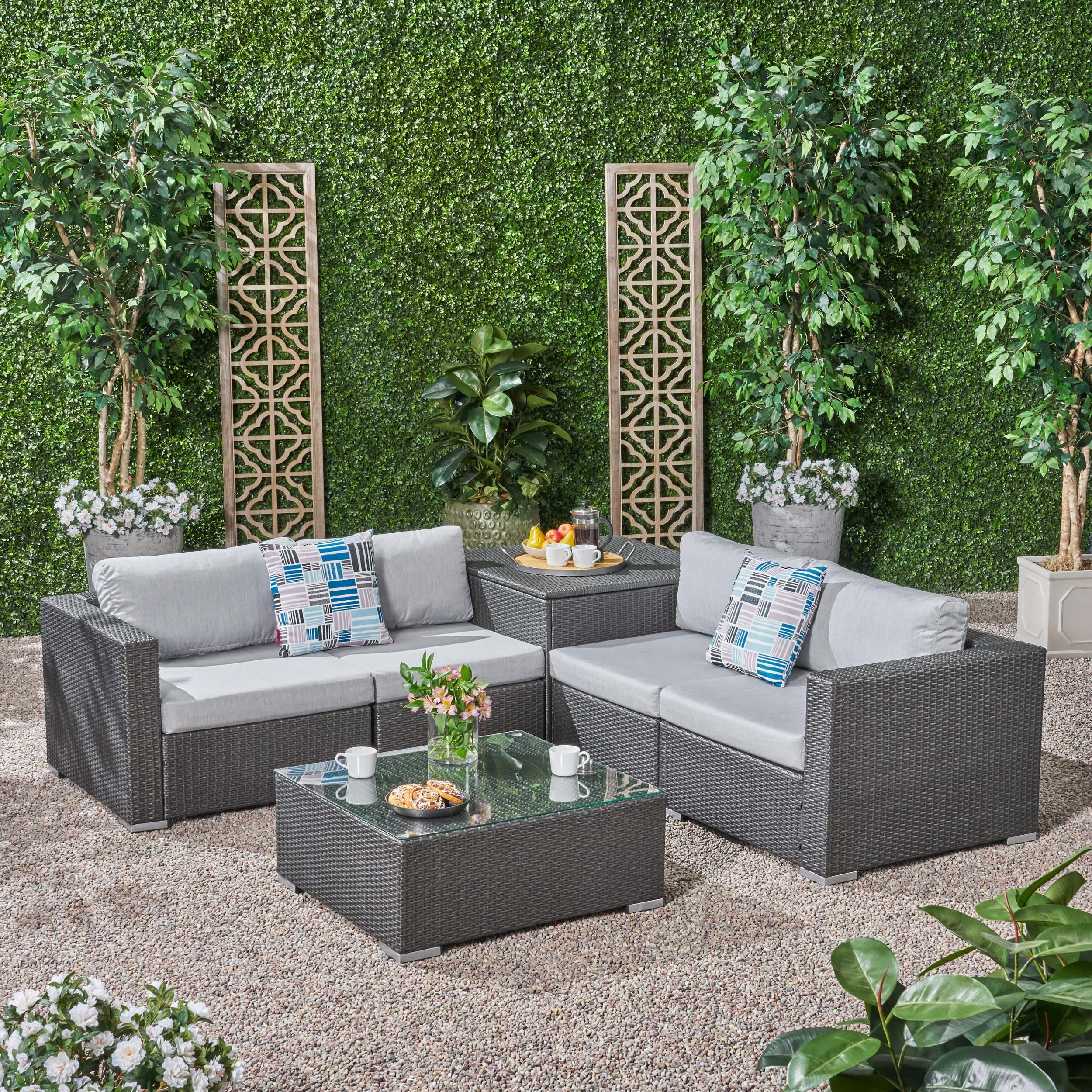 Kyra Outdoor 4 Seater Wicker Sofa Set with Storage Ottoman and Sunbrella Cushions