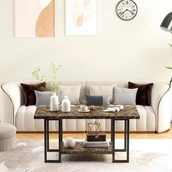 2 -Tier Rectangle Coffee Table， Black Base and Faux Marble Table top for Living Room， Double Metal Leg Design