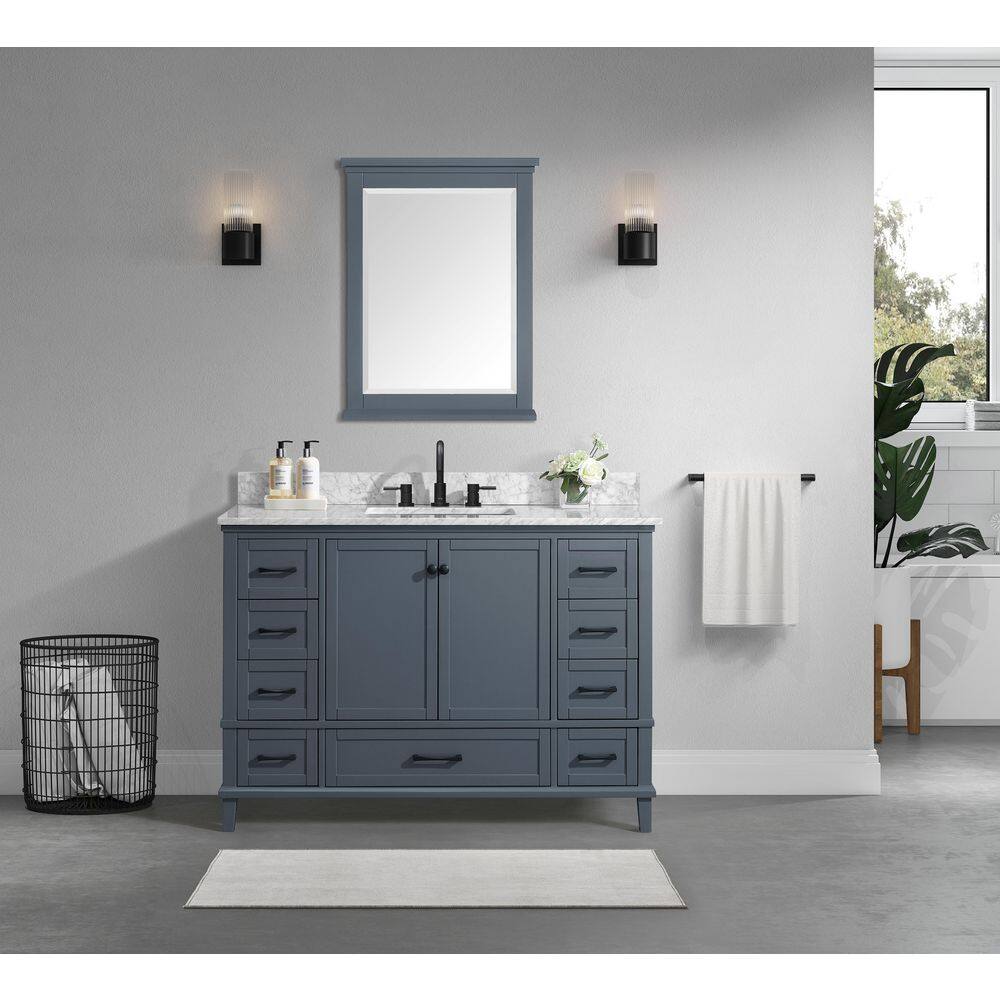 Home Decorators Collection Merryfield 49 in. W x 22 in. D x 35 in. H Freestanding Bath Vanity in Dark Blue-Gray with Carrara White Marble Top 19112-VS49-DG