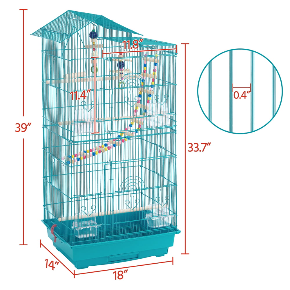 Yaheetech 39''H Metal Parrot Cage Bird cage w/Toys and Swing and Ladder， Teal Blue