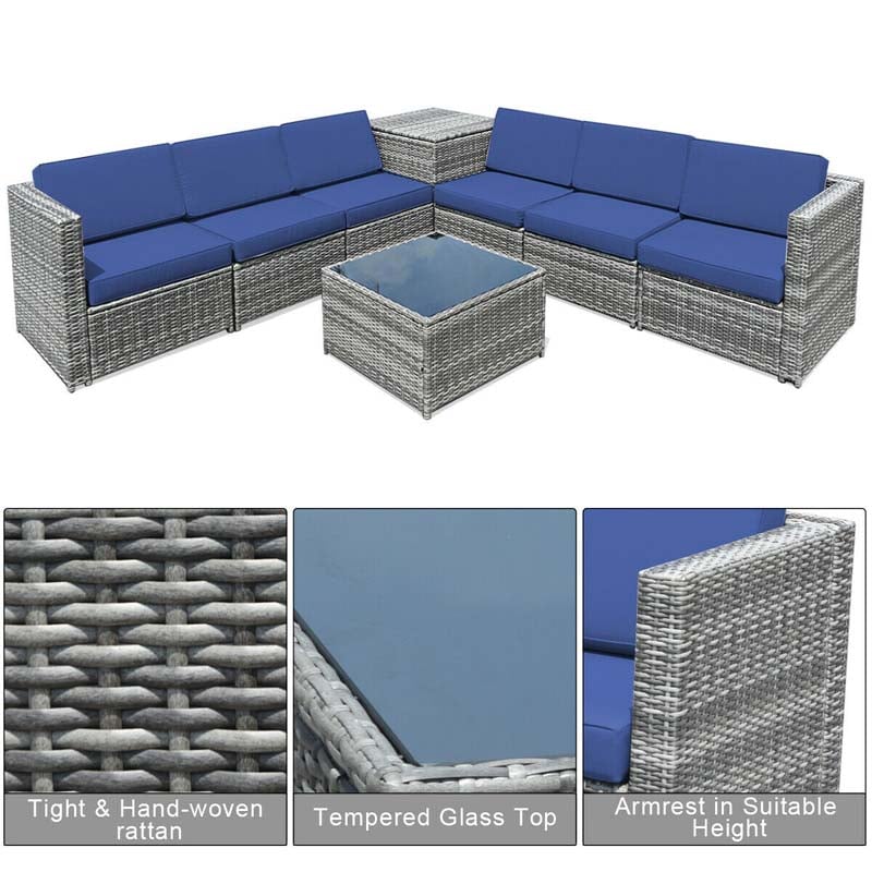 8 Pcs Rattan Patio Sectional Sofa Couch Set Outdoor Wicker Furniture Set with Storage Table & Cushions