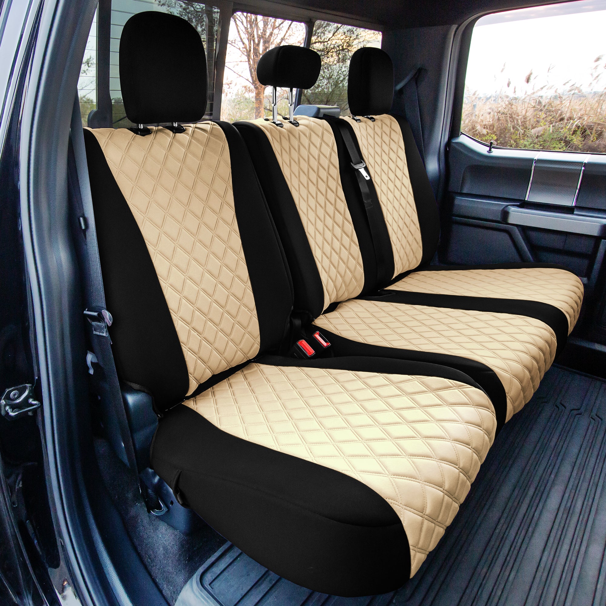 TLH Beige Full Set Neosupreme Custom Fit Seat Covers for 2015-2020 Ford F150 XLT | Lariat | Raptor with Water Resistant Neoprene Insert