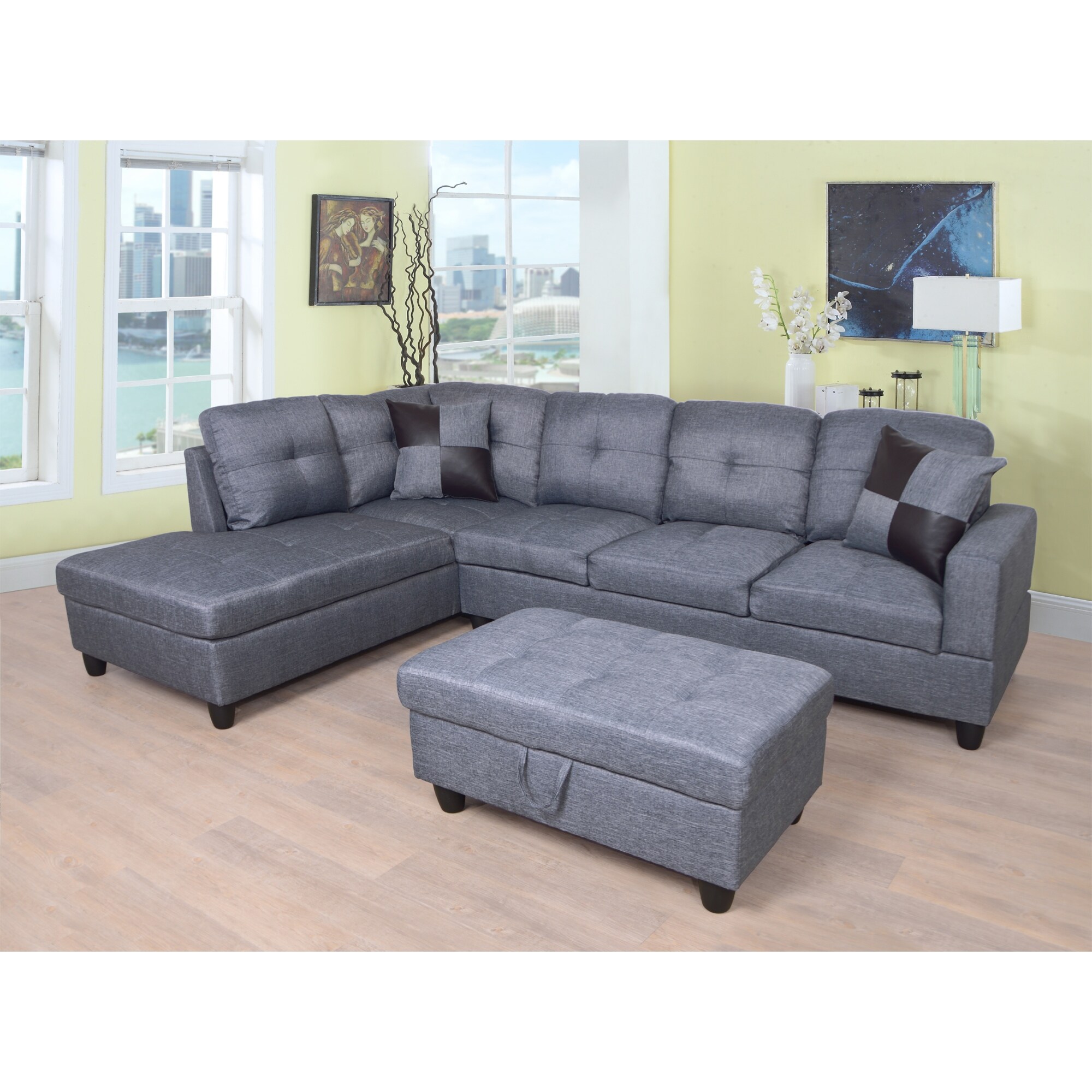 3-Pieces Sectional Sofa Set，Left Facing，Grey Linen(128A)