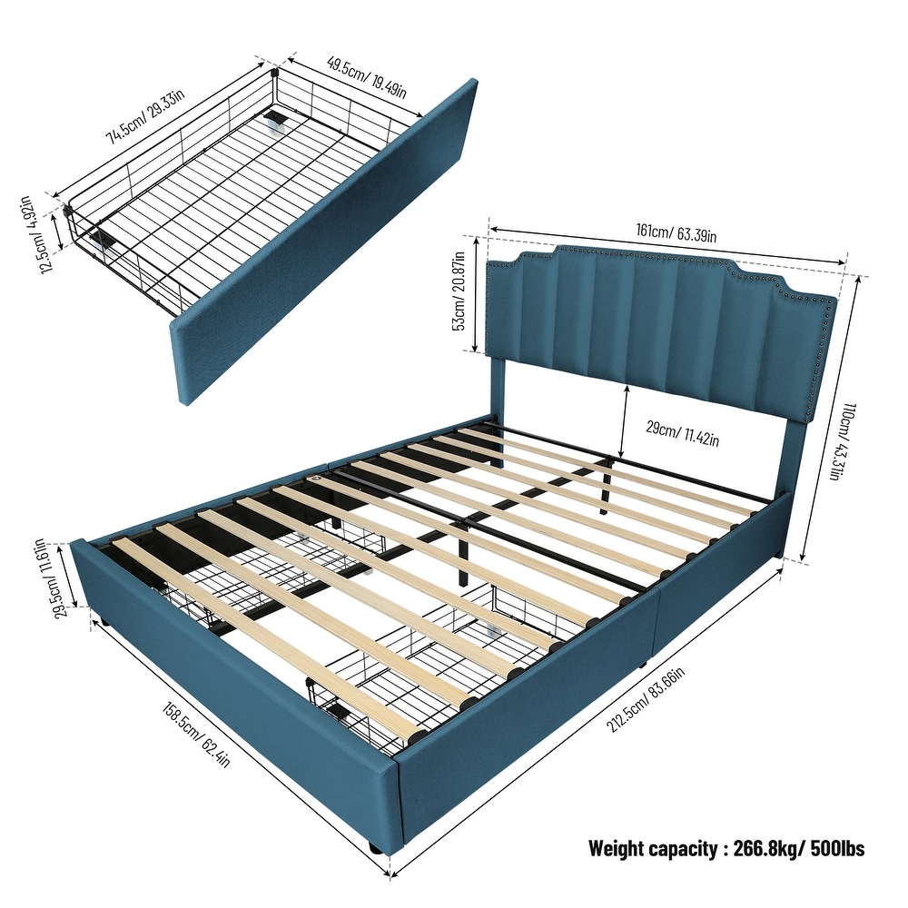 Queen Size Upholstered Platform Bed Linen Bed Frame with 2 Drawers Stitched Padded Headboard