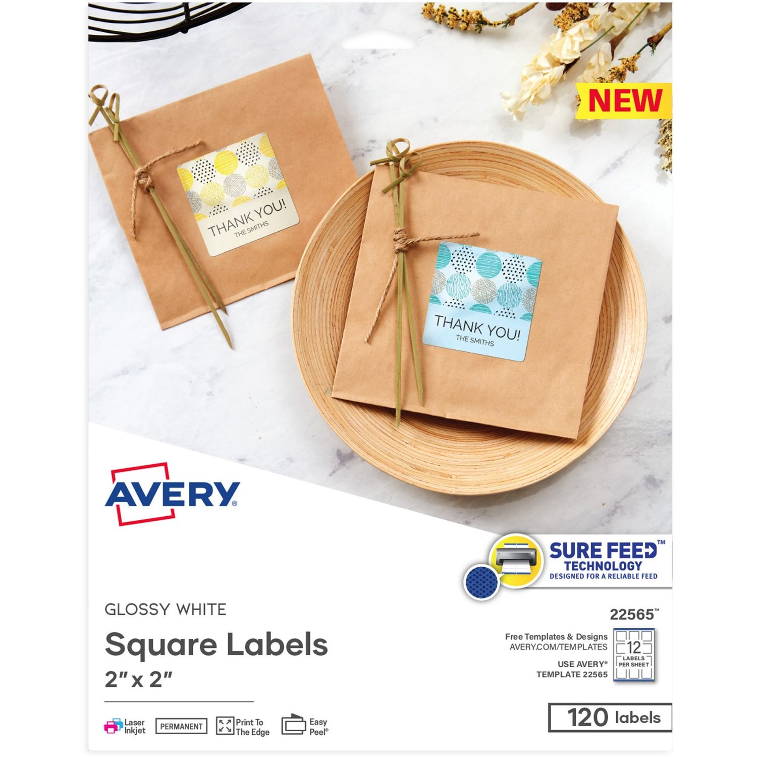 Sure Feed Glossy White Square Labels by Avery AVE22565