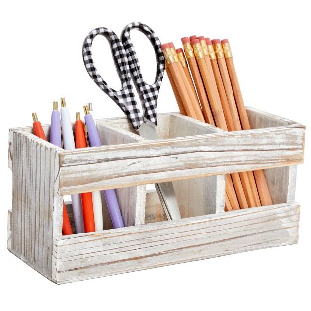 Juvale Rustic style Desk Pencil Holder With 3 Compartments Farmhouse Decor And Wooden Organizer For Office Accessories