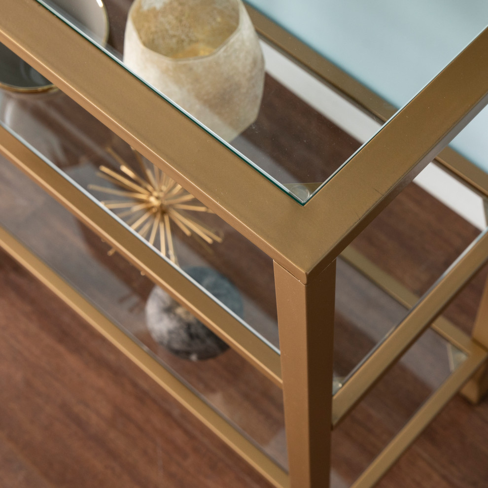 Portgren Narrow Metal Console Table With Glass Shelves  Gold   Contemporary   Console Tables   by SEI  Houzz