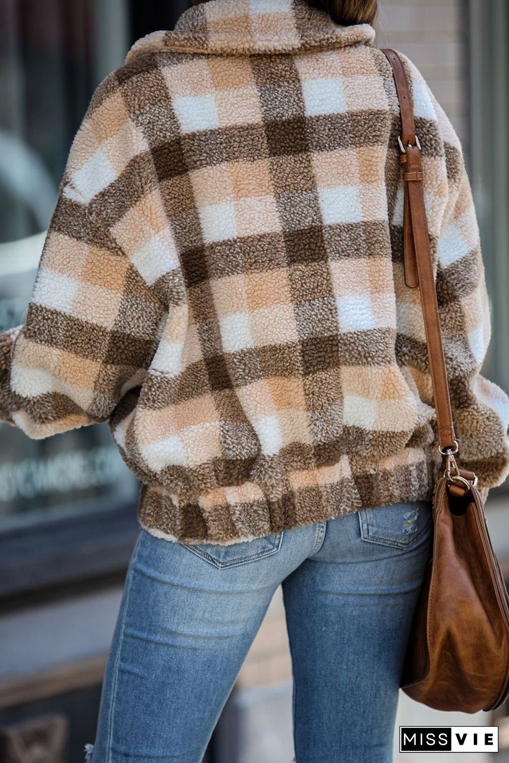 Brown Plaid Print Sherpa Jacket Coat