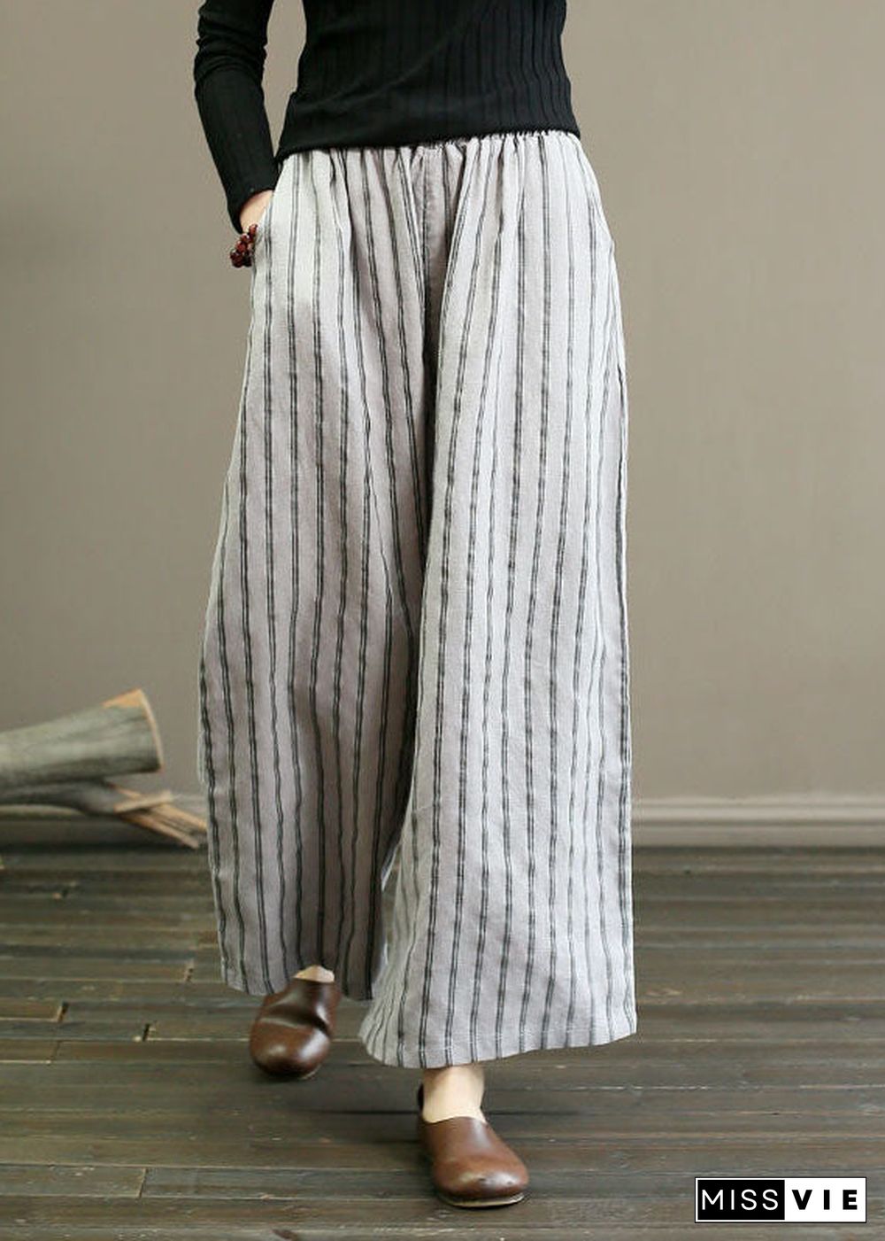 Unique Light Grey Elastic Waist Oversized Striped Linen Pants Trousers Summer