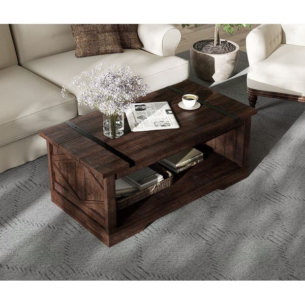 Modern Farmhouse Coffee Table， Rectangle Wood Center Table with Open Storage for Living Room， Spliced Wood Desktop