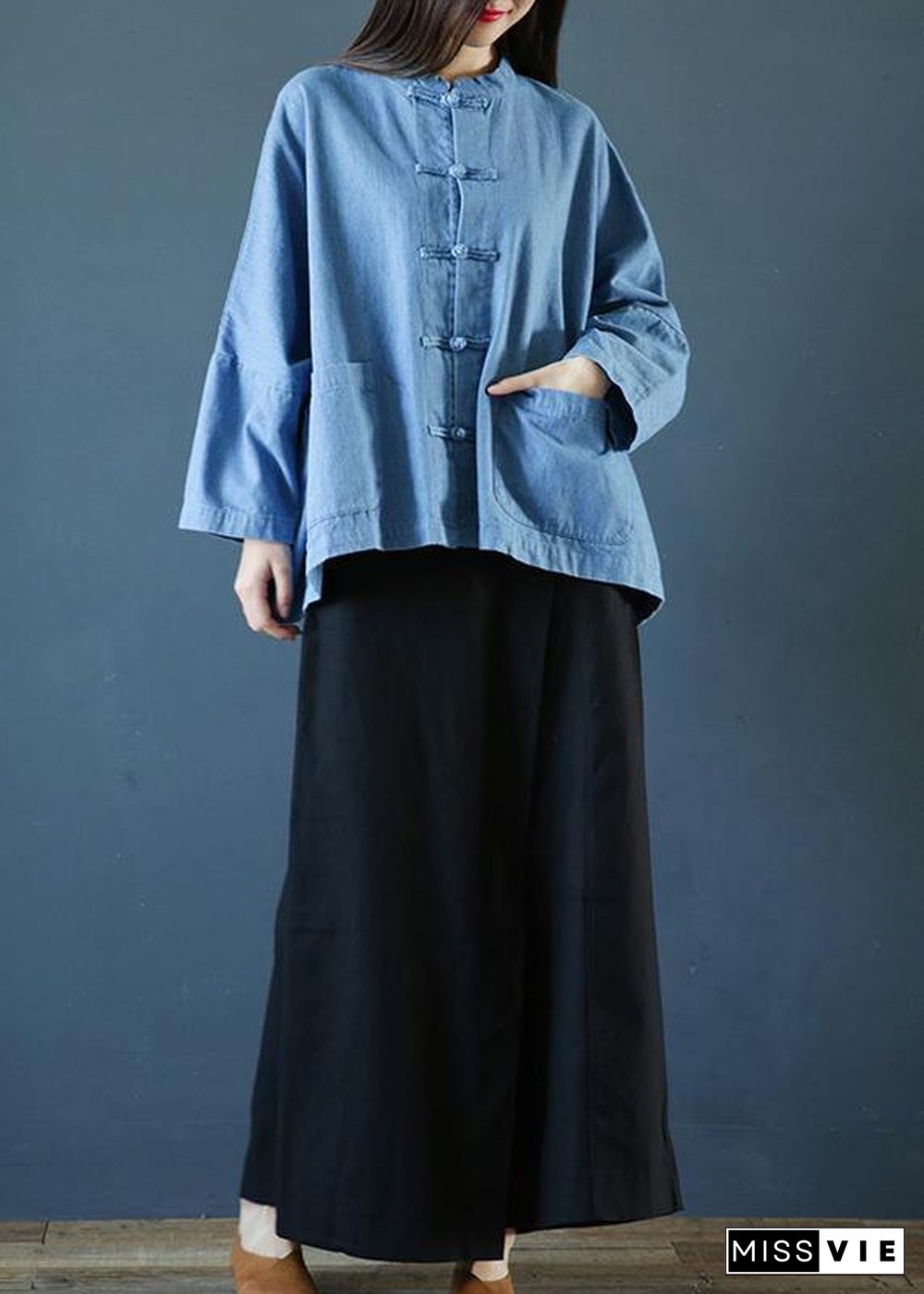 Loose stand collar Chinese Button clothes For Women Sleeve denim light blue-little flower shirts