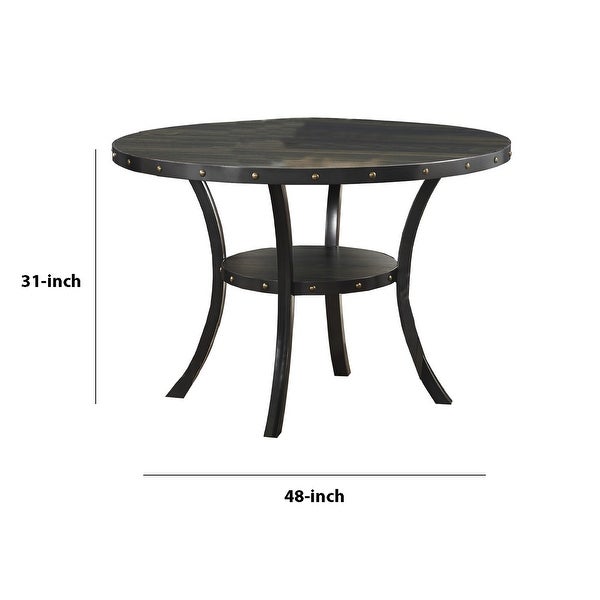 Wooden Round Dining Table with Open Shelf and Nailhead Trims， Black