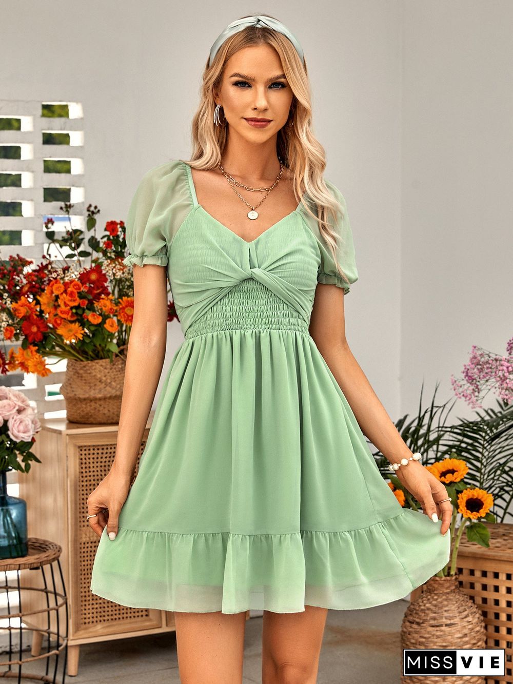 Casual Women's V-neck Basic Model Solid Color Waist Tight Short Sleeve Dress